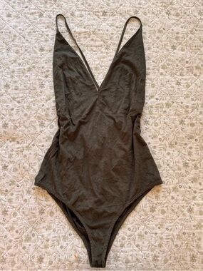 Deep V Olive Green Suede bodysuit